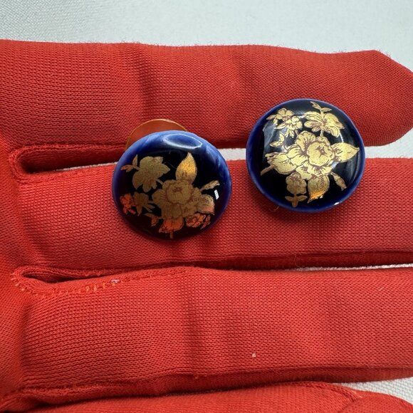 VTG LIMOGES France Porcelain Pierced Earrings Gold Hand Paint Floral Blue Signed - Picture 1 of 10